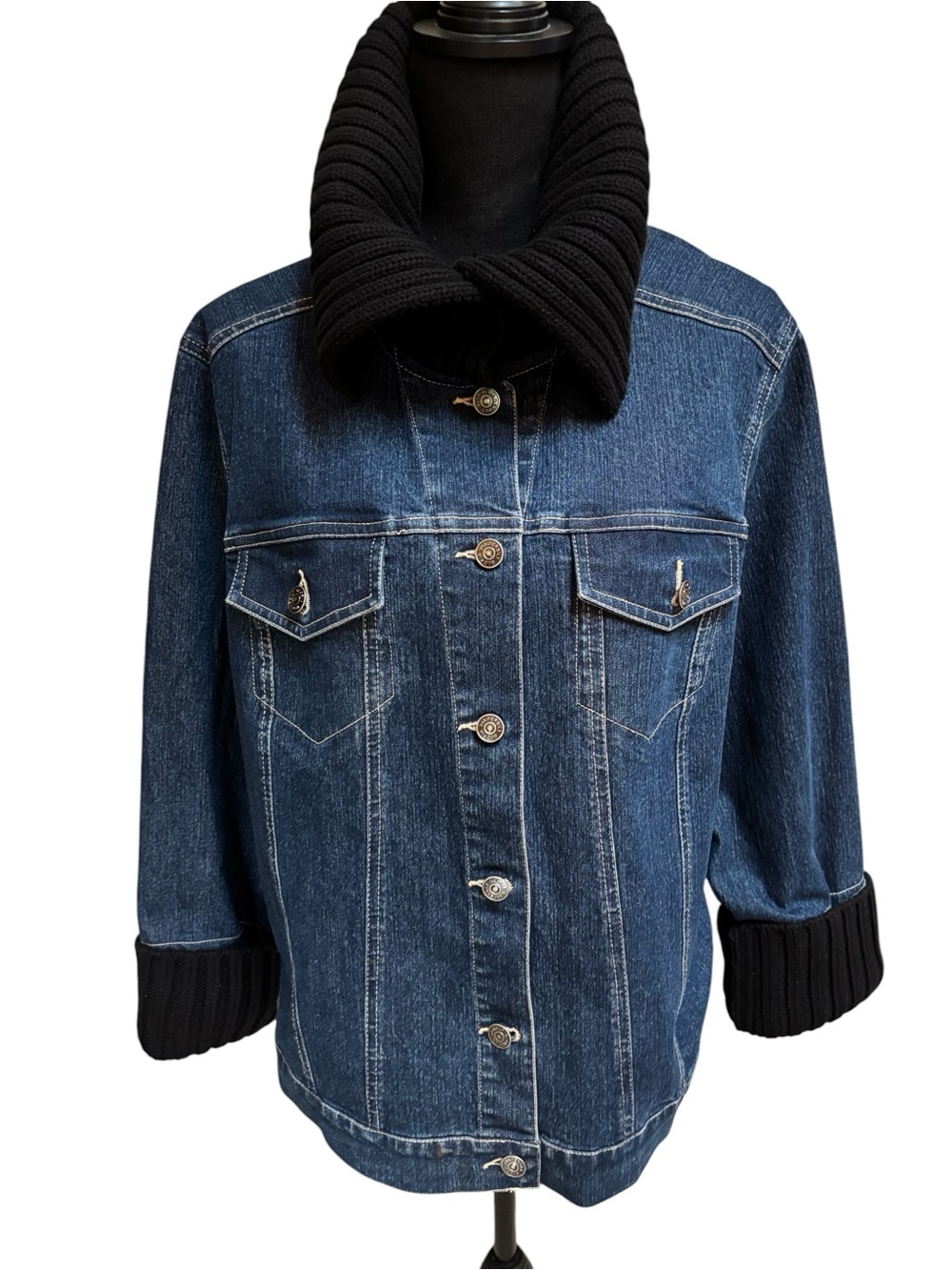 Gloria Vanderbilt Dark Blue Denim Jacket with Black Knit Collar & Cuffs Size 1X